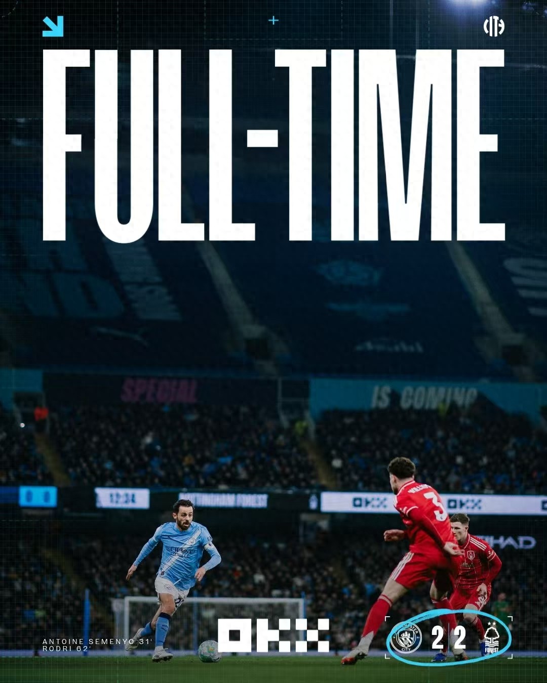 After drawing 2-2 with Forest, Man City still face 5 matches in 16 days: a triple away trip to Newcastle, Real Madrid, and West Ham, plus a League Cup final clash against Arsenal.
