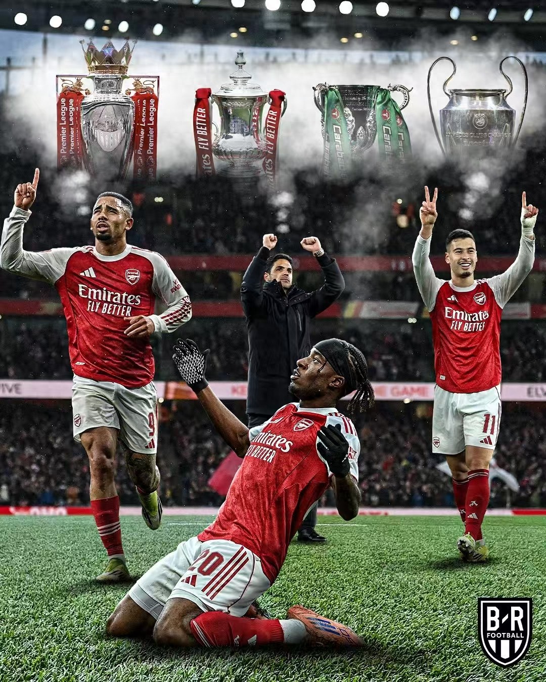 Double goals from two players, Arsenal wins 4-0 decisively, competing on four fronts, leading the Premier League, topping their Champions League group, and contending for the League Cup title.